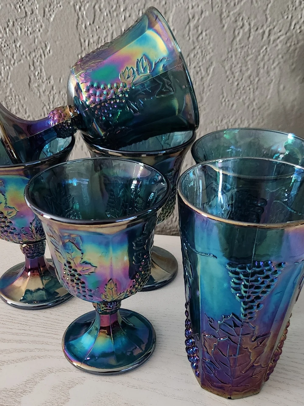 Vintage Iridescent Blue Carnival Glass Tumbler With 5 Mugs